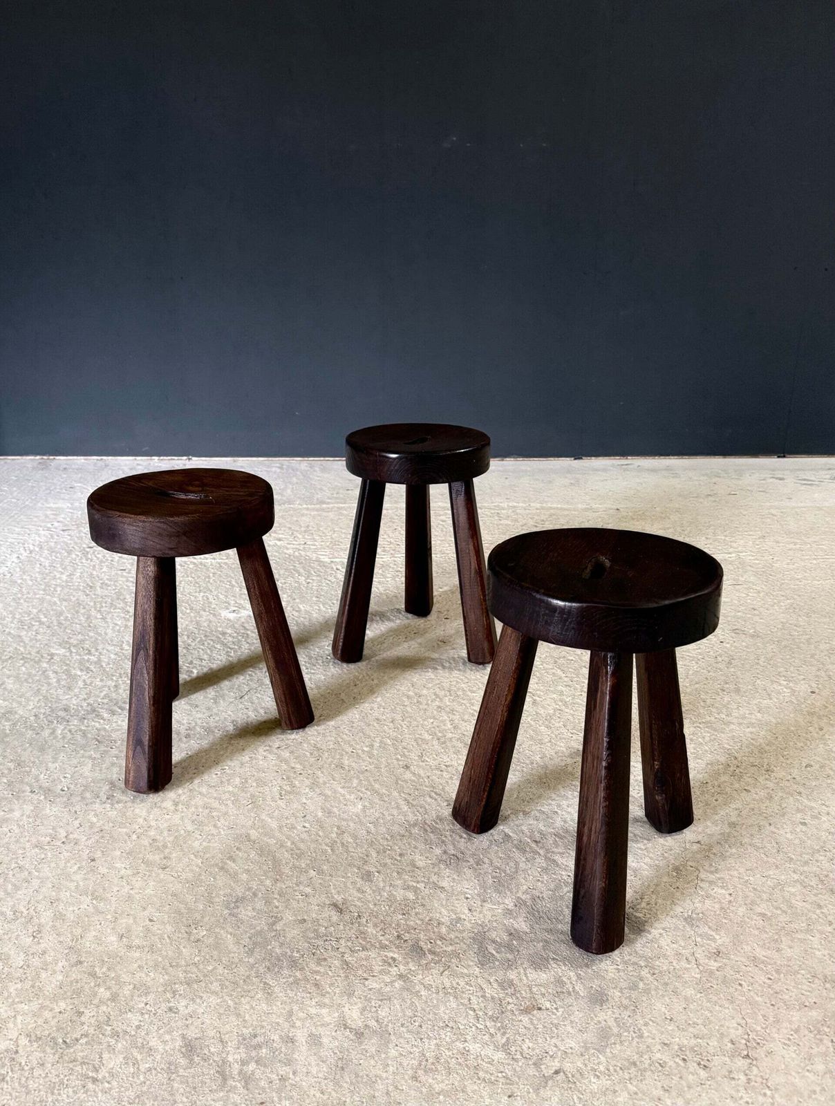 1950's Brutalist Design Handcrafted Tripod Stool Set photo for sale