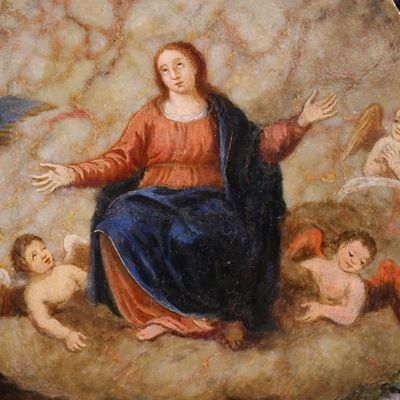 Ancient Oil Painting On Marble From The 16th Century, Assumption Of The Virgin photo Art