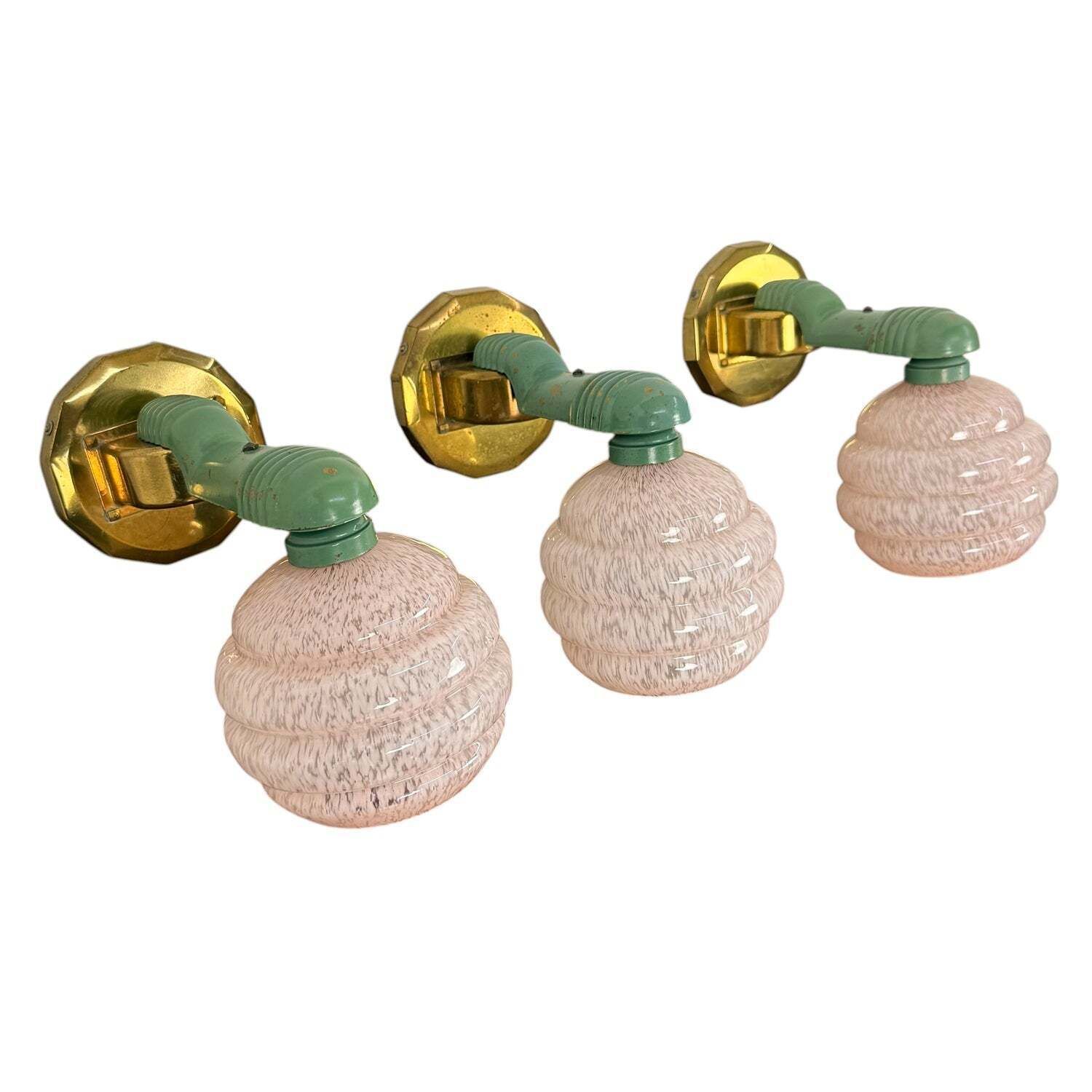 Set Of Three Art Deco Wall Lamps With Pink Mottled Glass Shades