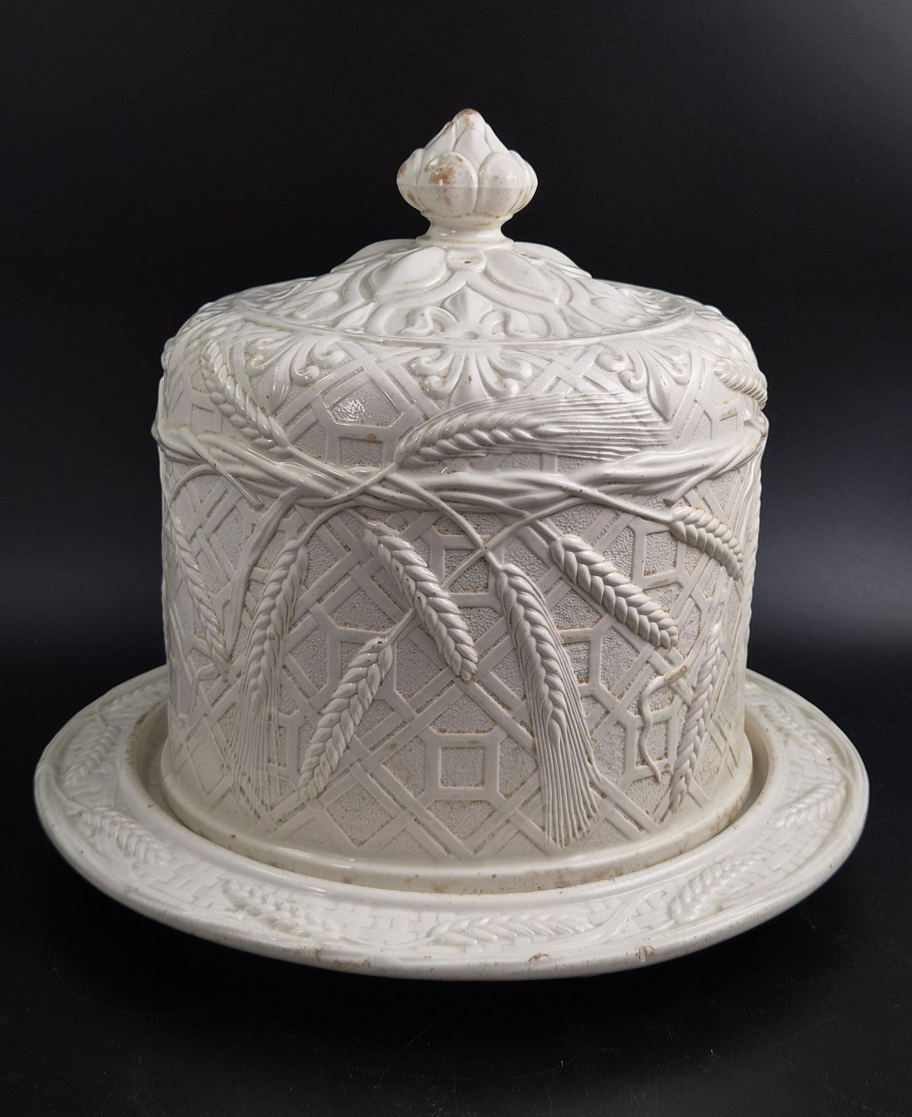Victorian White Ironstone Cheese Dome And Stand, Wheat And Lattice, C.1875
