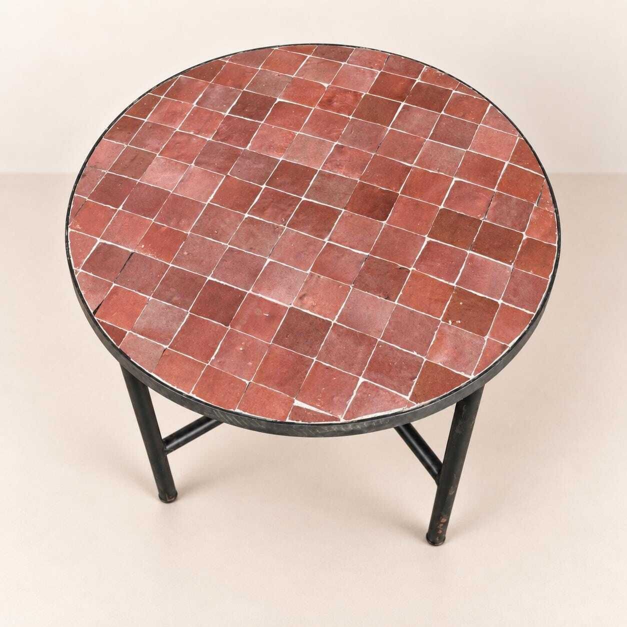 Table basse marocaine en zellige terracotta, table ronde en mosaïque faite main, carreaux rouge rouille, mobilier Boho