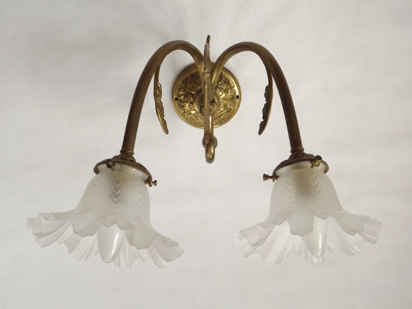 Franse Vintage Dubbele Messing Wandlamp, Sierlijke Gekrulde Armen, Gefranjerde Glazen Kappen photo Verlichting