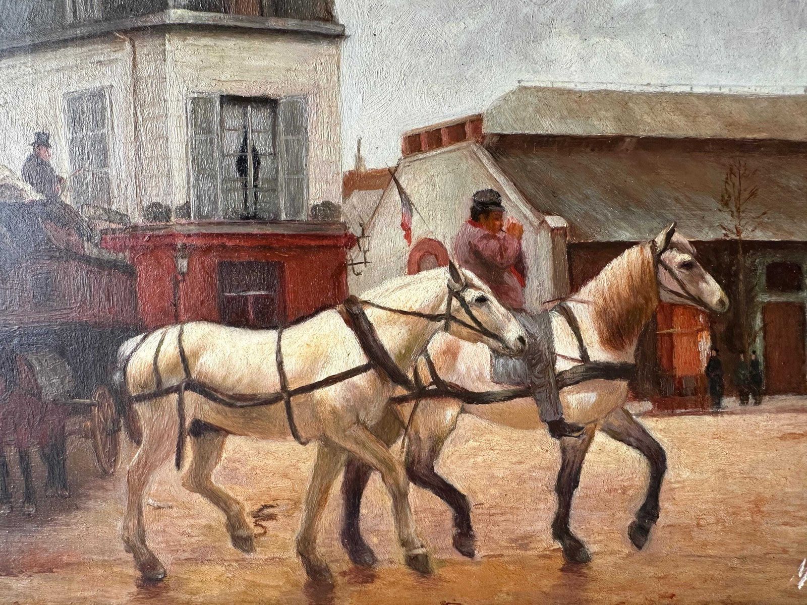 Tableau d'époque, huile sur panneau représentant des chevaux, inspiré de Grandjean « A Stagecoach Stop In Passy », scène de rue parisienne encadrée photo for sale