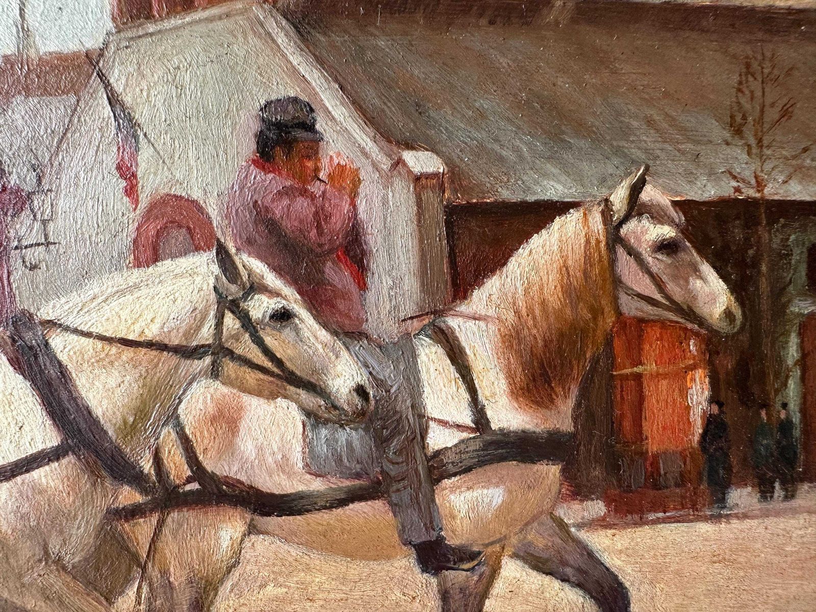 Tableau d'époque, huile sur panneau représentant des chevaux, inspiré de Grandjean « A Stagecoach Stop In Passy », scène de rue parisienne encadrée photo Art