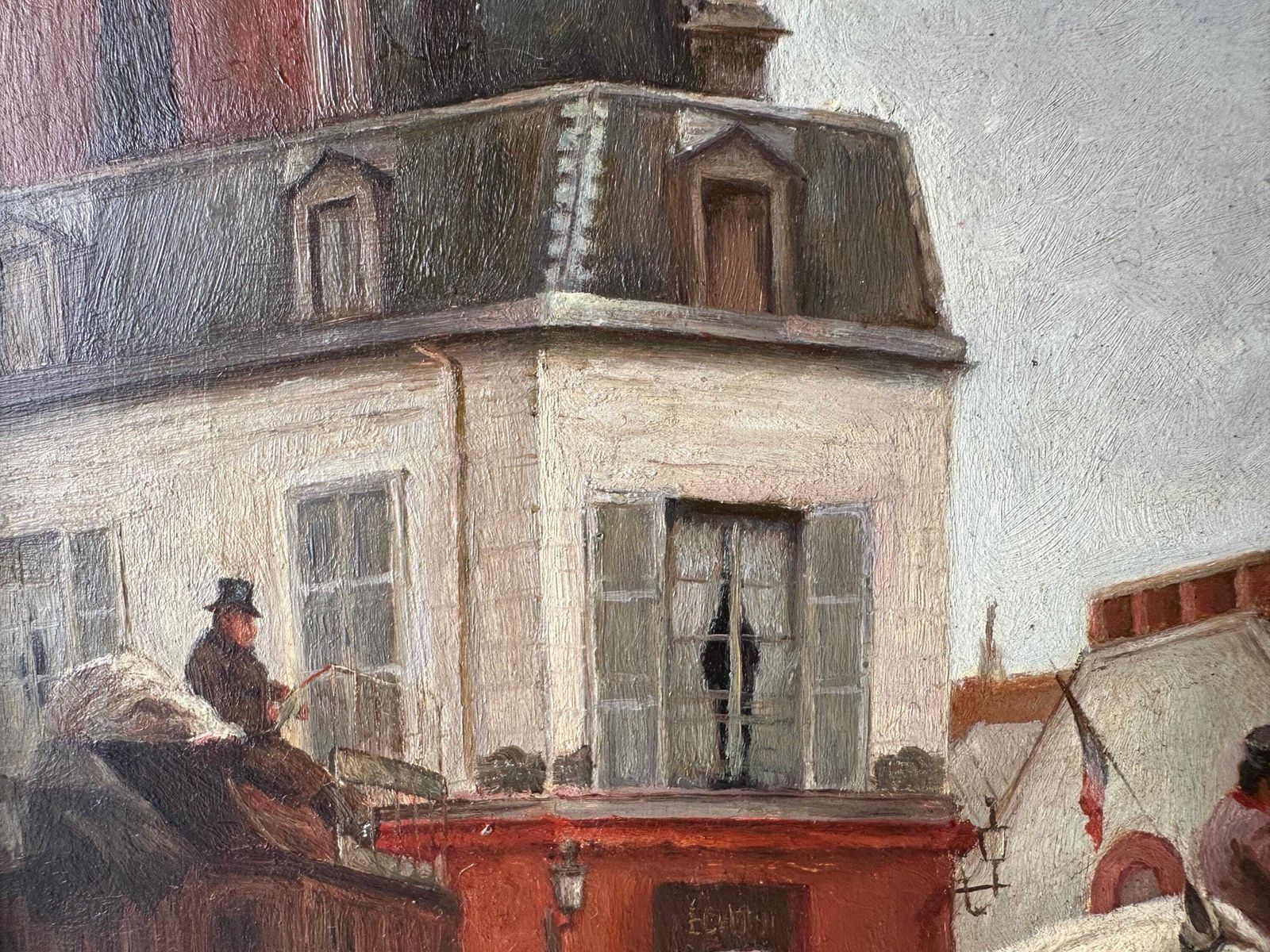 Tableau d'époque, huile sur panneau représentant des chevaux, inspiré de Grandjean « A Stagecoach Stop In Passy », scène de rue parisienne encadrée photo vinterior