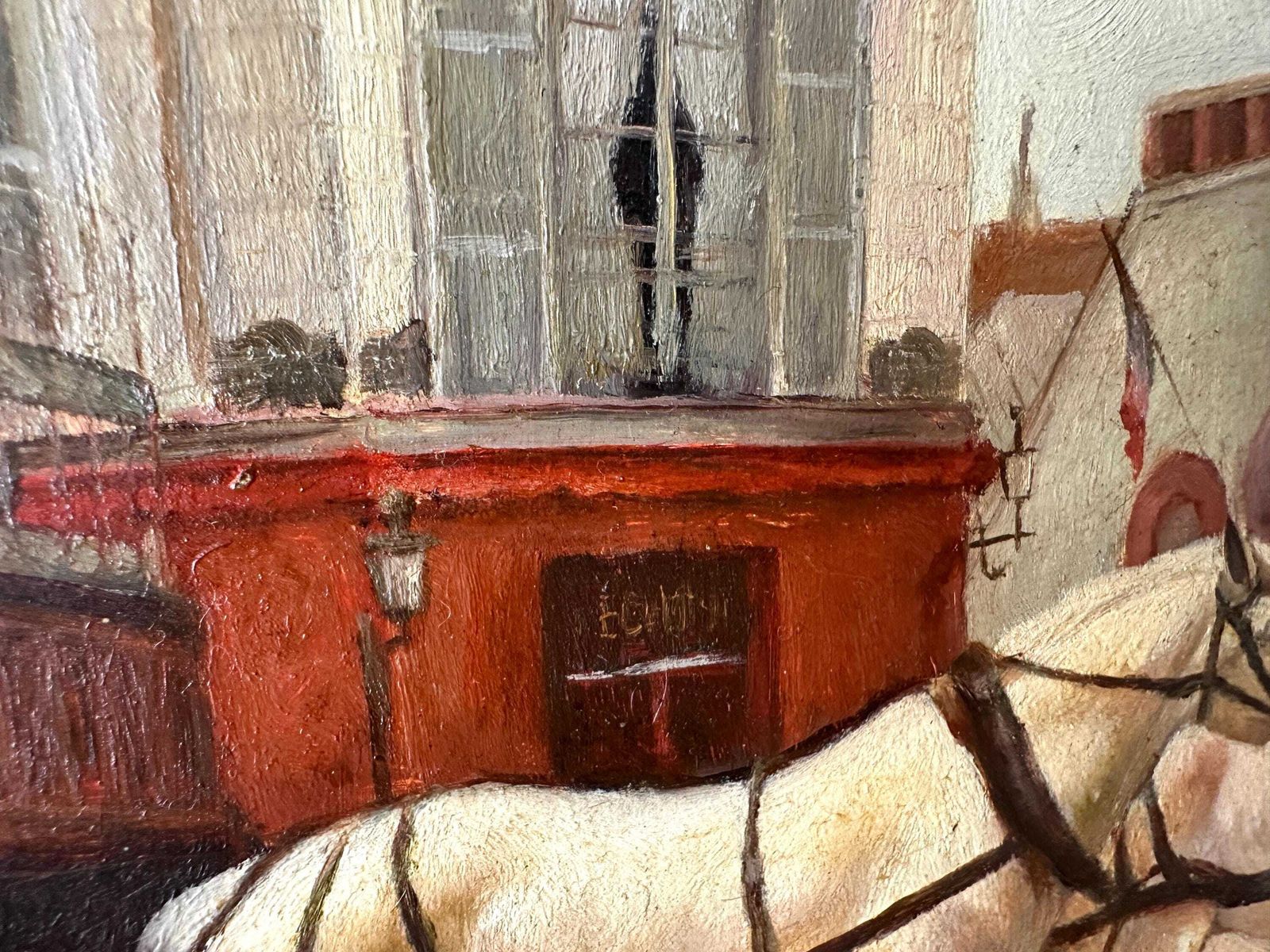Art Tableau d'époque, huile sur panneau représentant des chevaux, inspiré de Grandjean « A Stagecoach Stop In Passy », scène de rue parisienne encadrée photo
