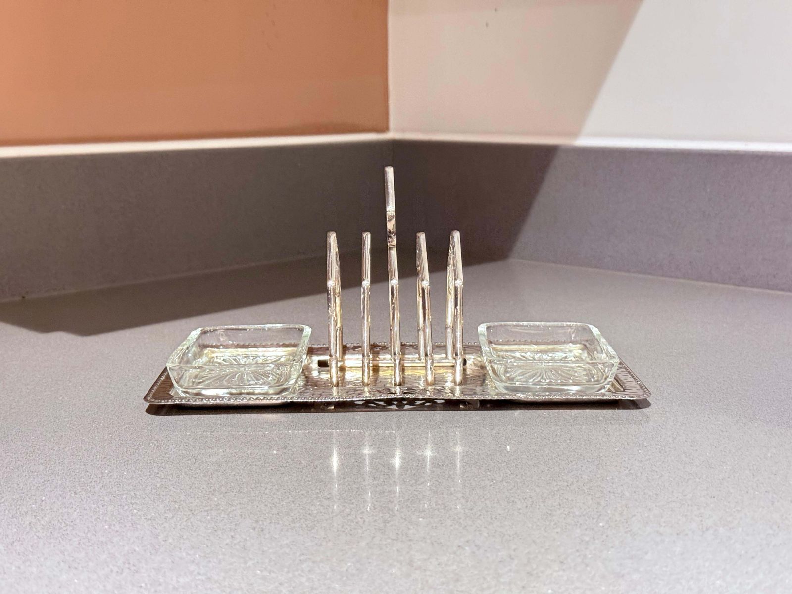 Art Deco Silver Plated Toast Rack, Matching Hammered Tray Crystal Butter Dishes photo furniture