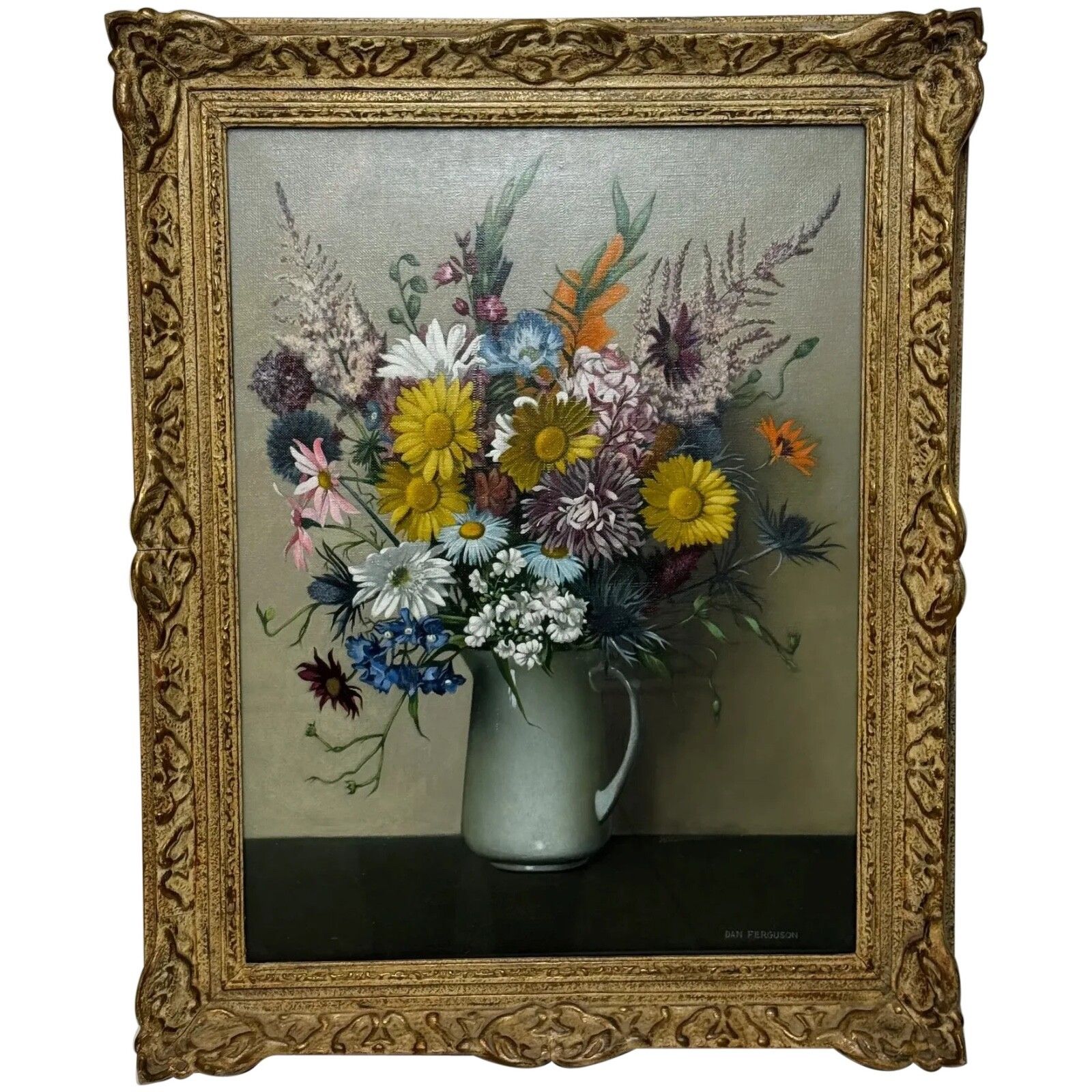 Scottish Oil Painting Wild Flowers Heather Thistles Daisies By Dan Ferguson Roi