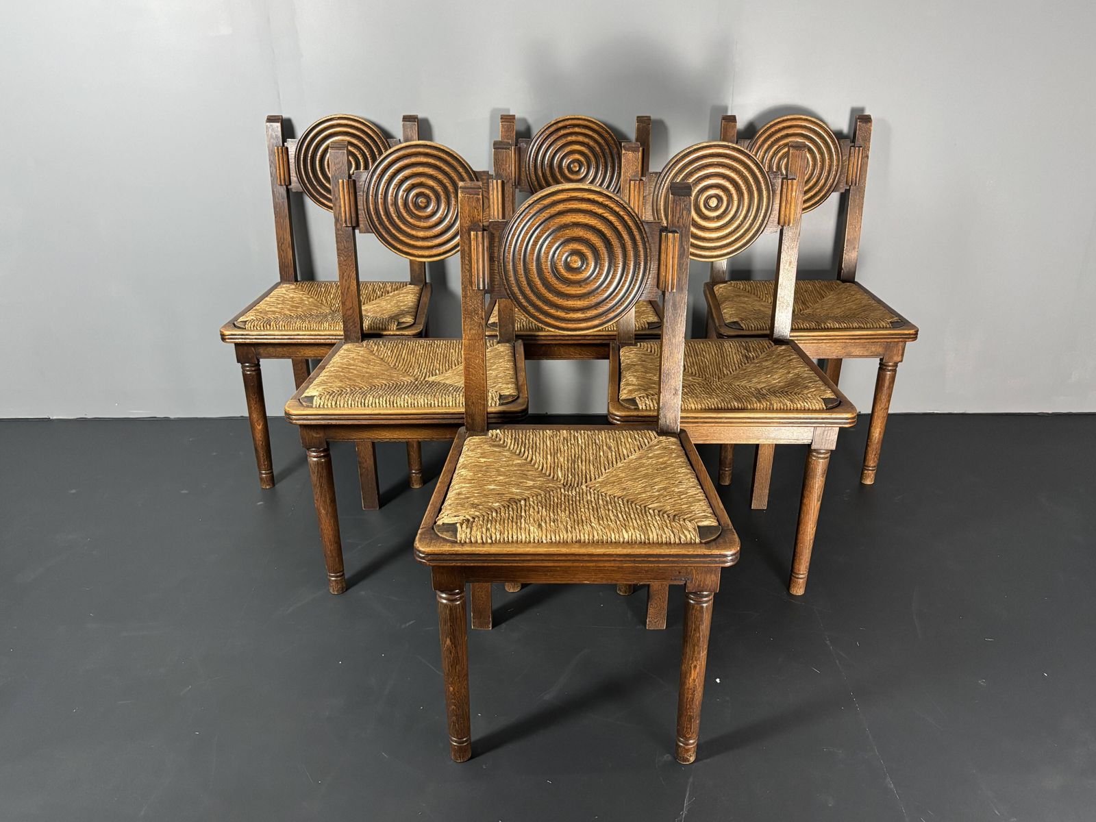 6 chaises à manger rustiques en bois, pieds tournés et assise en jonc photo vintage