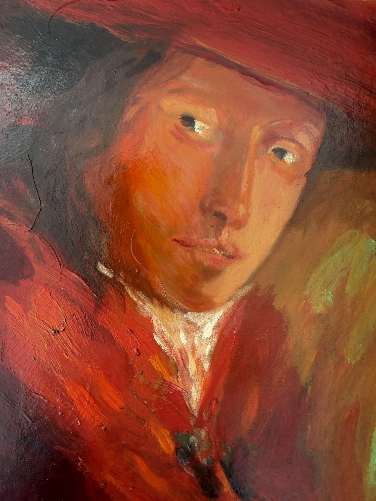 Joaquim Hidalgo Spaans expressionistisch vrouwenportret met rode hoed, olie op paneel, Europese kunst, jaren 1990 photo Kunst