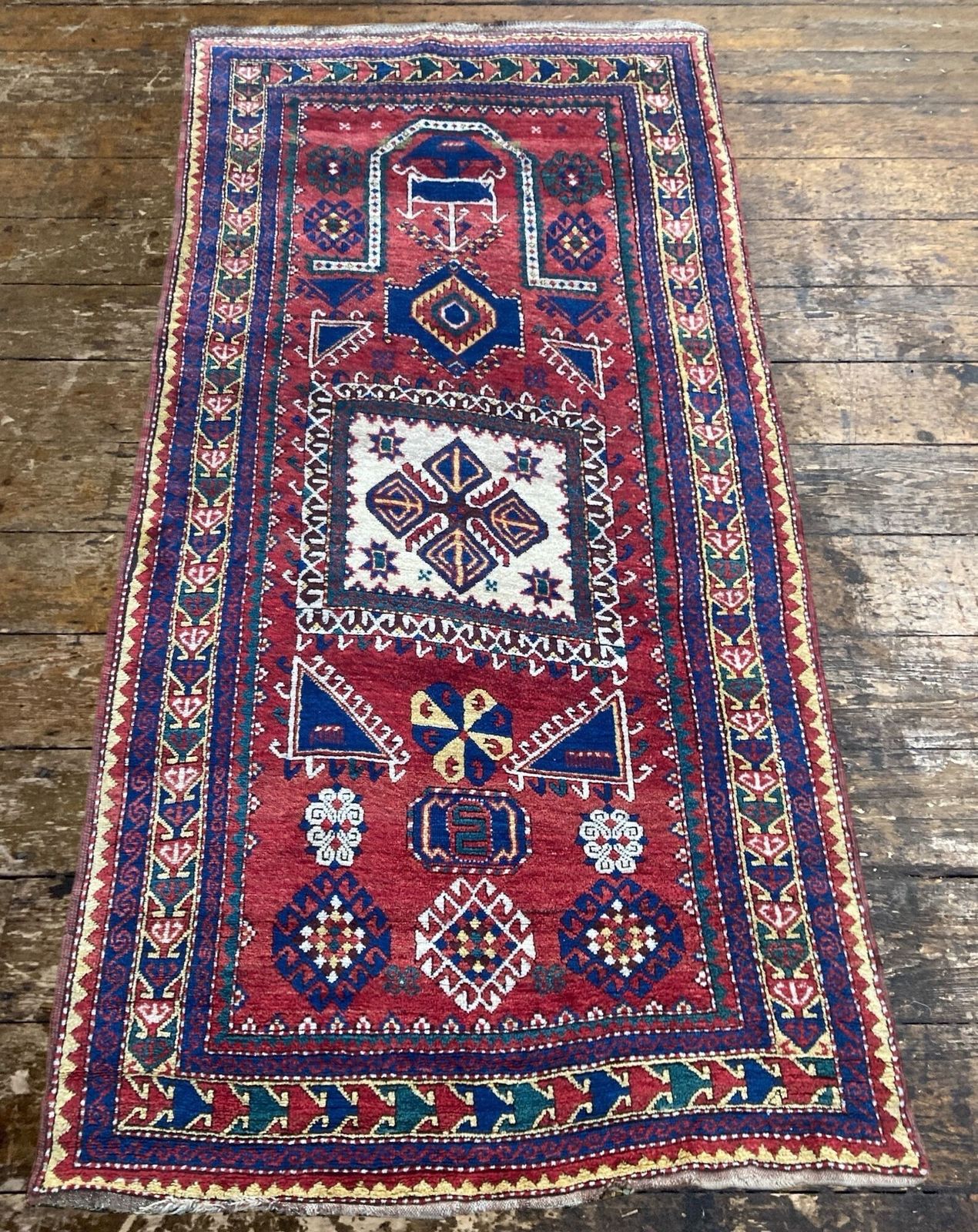 Antiek Kaukasisch Fachralo Kazak Gebedskleed 2,48m x 1,30m photo Textiel