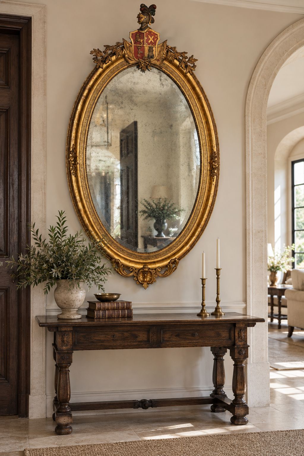 19th Century European Giltwood Oval Heraldic Mirror With Coat Of Arms photo furniture
