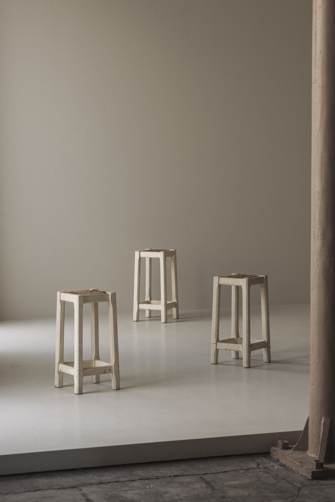 Off White Painted Oak Bar Stools With Woven Rush Seats, France 1950s photo furniture