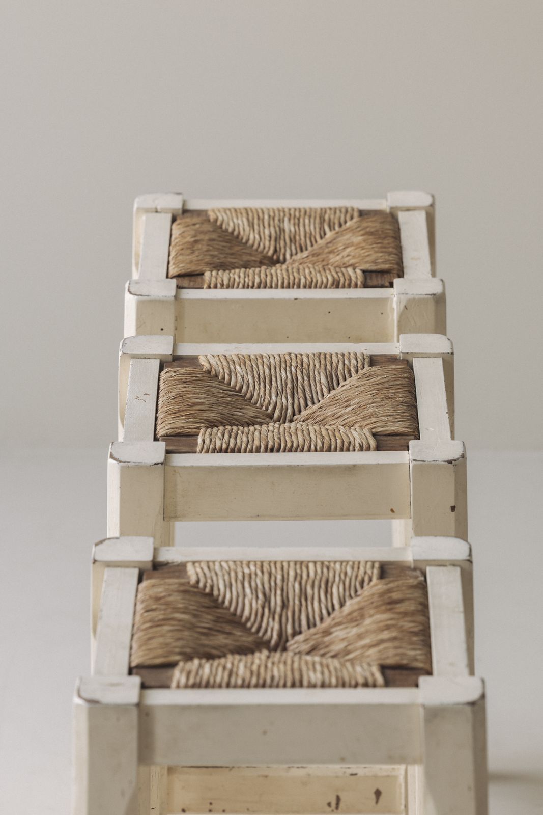 Off White Painted Oak Bar Stools With Woven Rush Seats, France 1950s photo buy