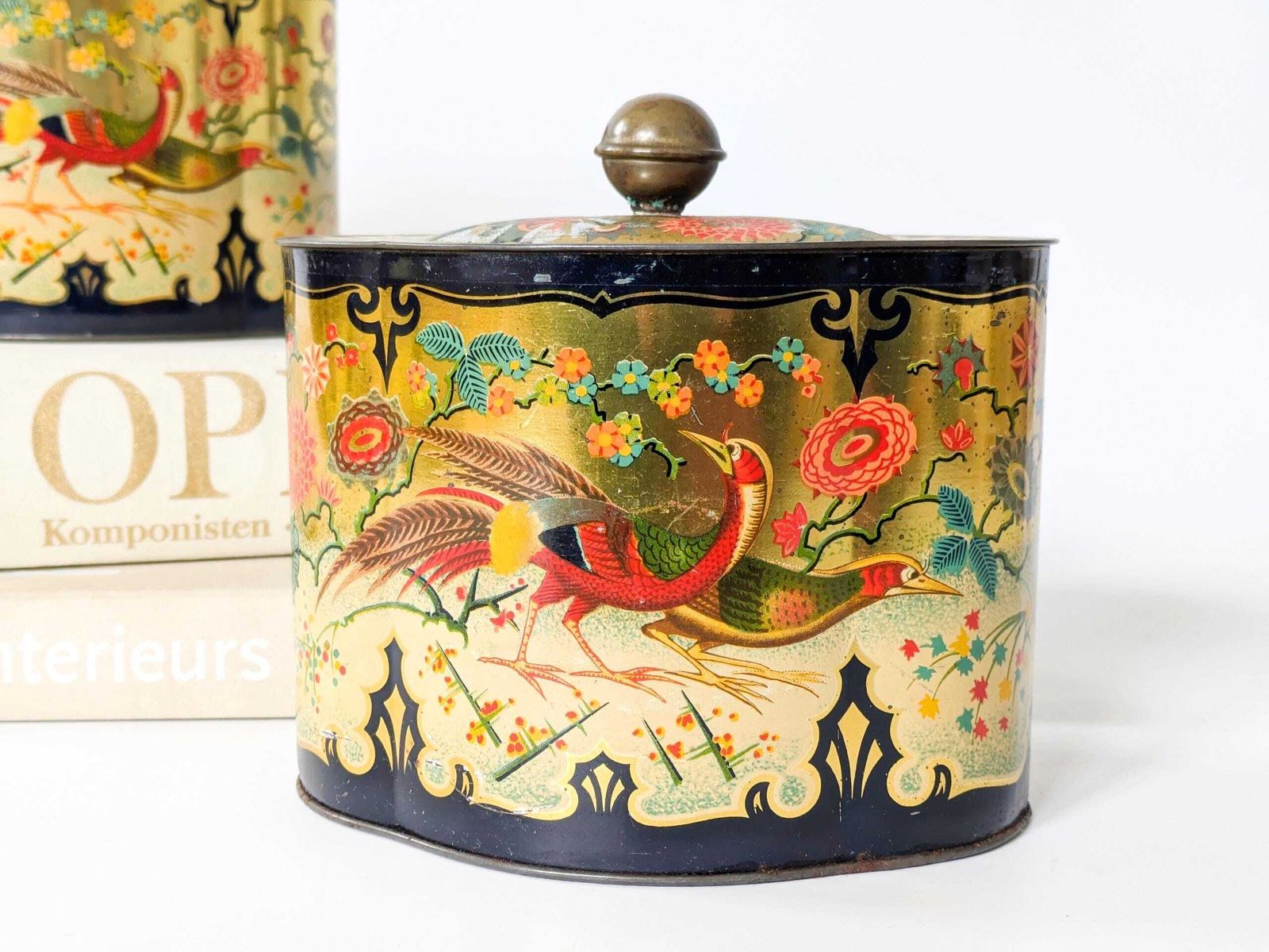 Vintage Vergulde Bloemen Bewaarblikken Chinoiserie Fazant Blikken (Set van 2) photo Woonaccessoires