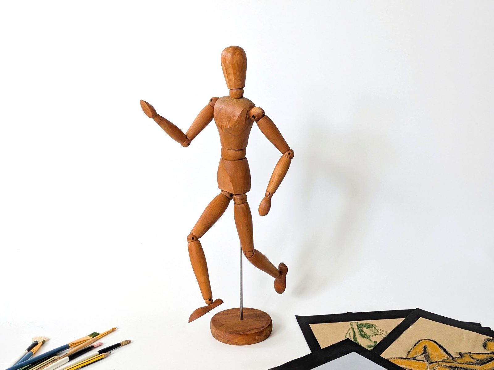 89.0 Large Vintage Wood Articulated Artist Manikin Drawing Figure Mannequin On Stand photo