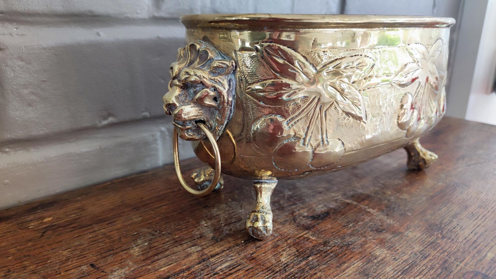 19th Century French Repoussé Brass Small Jardiniere With Paw Feet photo buy