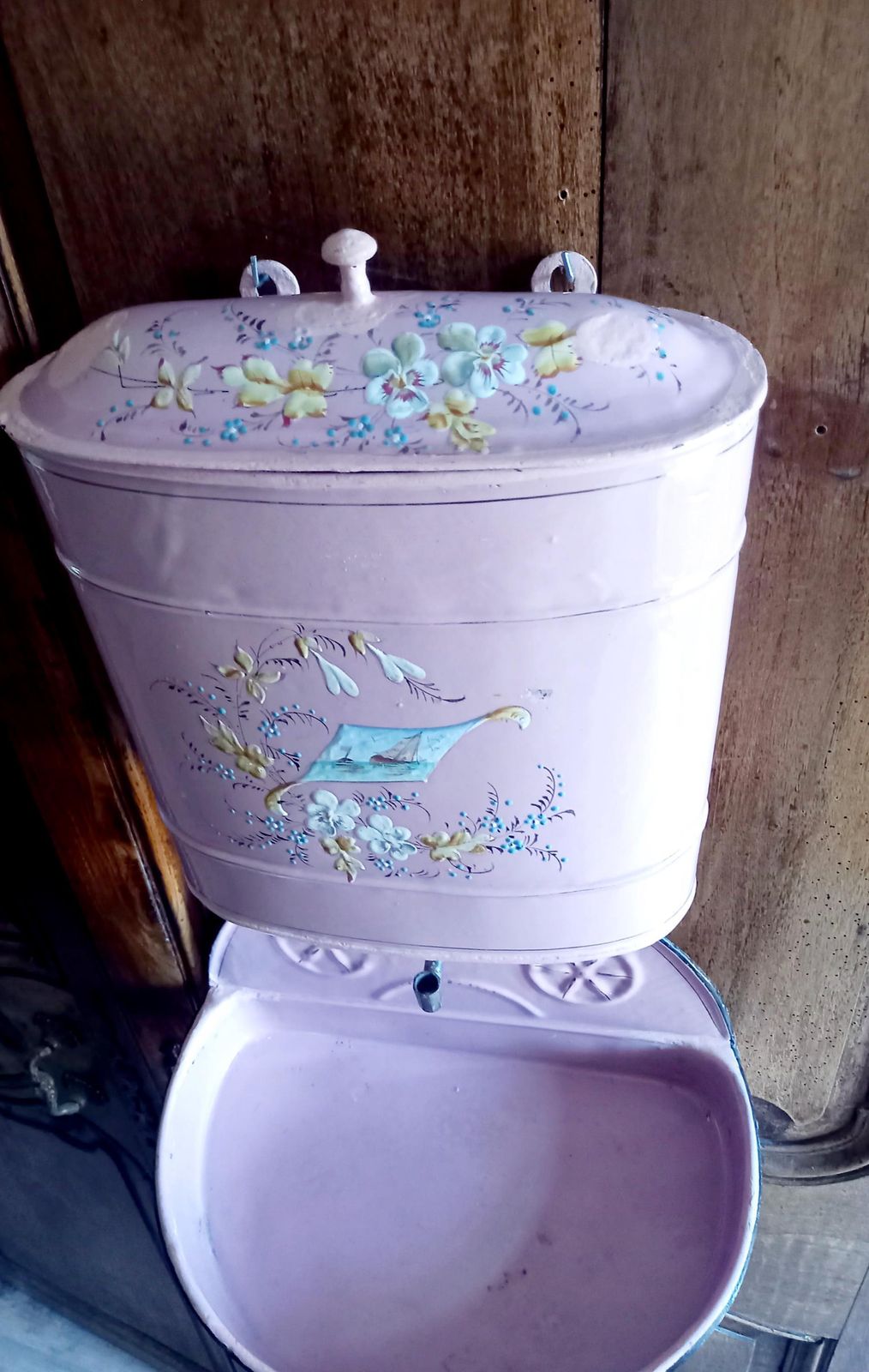 Wall Fountain: French Antique Lavabo Pink Enamel Water Fountain And Bowl Circa 1900s photo for sale
