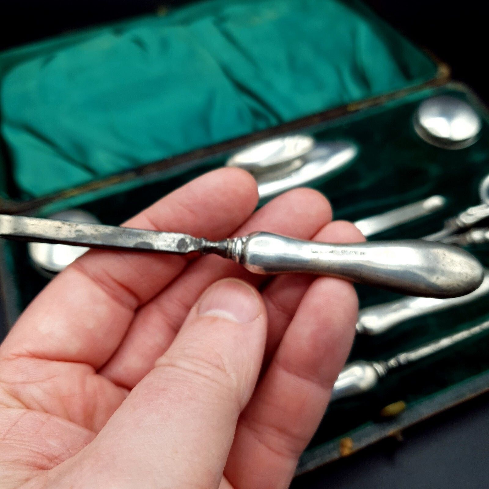 110.0 Antiek manicureset met zilveren handvatten 1908 BHM Silver R.U & Co & W.G.K maker en doos photo