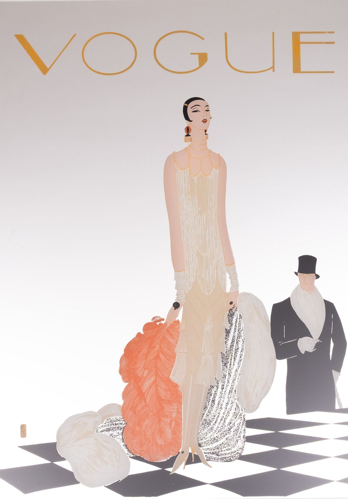 Vintage ingelijste "Vogue" geschilderde spiegel met flappergirl en heer met hoge hoed