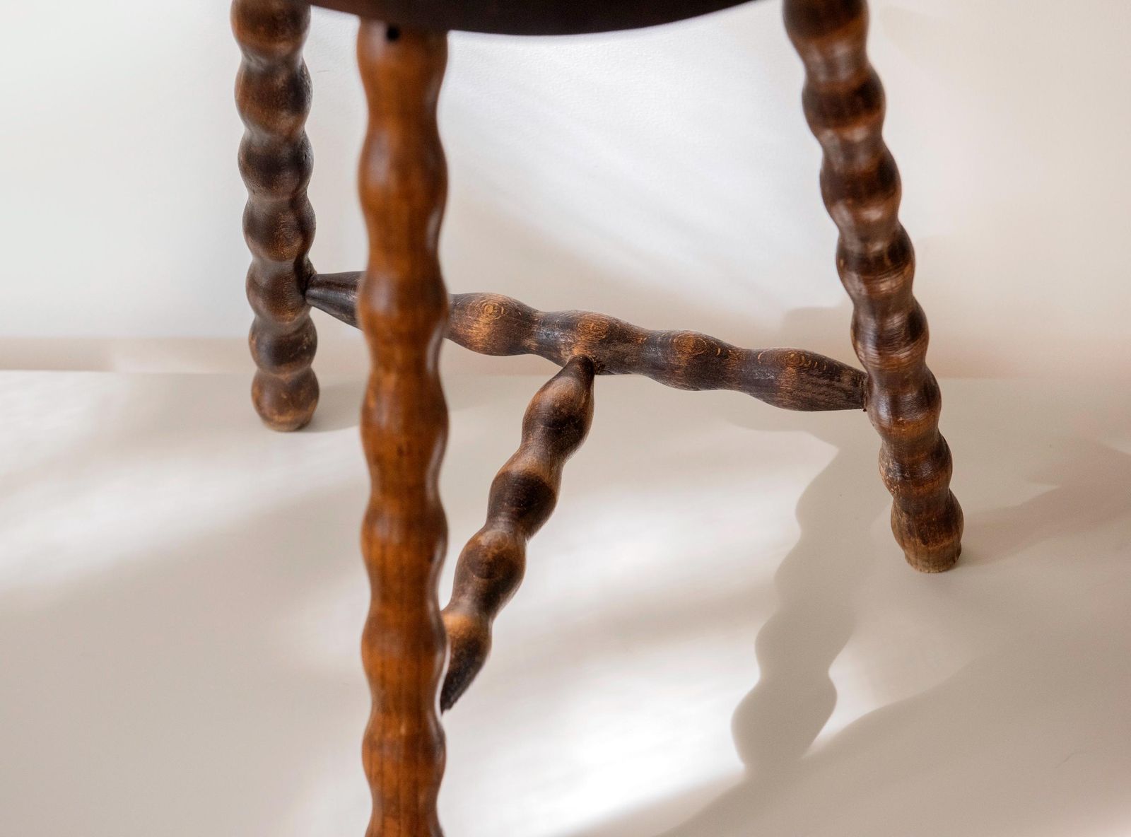 Vintage Wooden Milking Stool With Turned Bobbin Legs  French Rustic Farmhouse Plant Stand photo vinterior