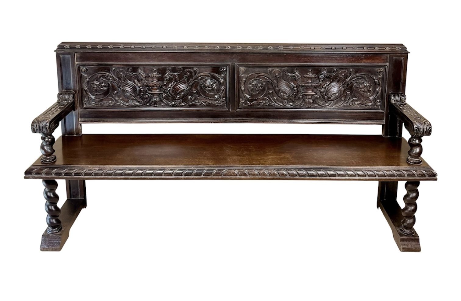 Spanish Carved Wood Bench With Barley Twist Legs, 20th Century