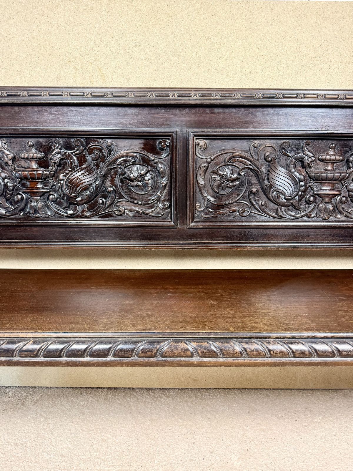 Spanish Carved Wood Bench With Barley Twist Legs, 20th Century photo for sale