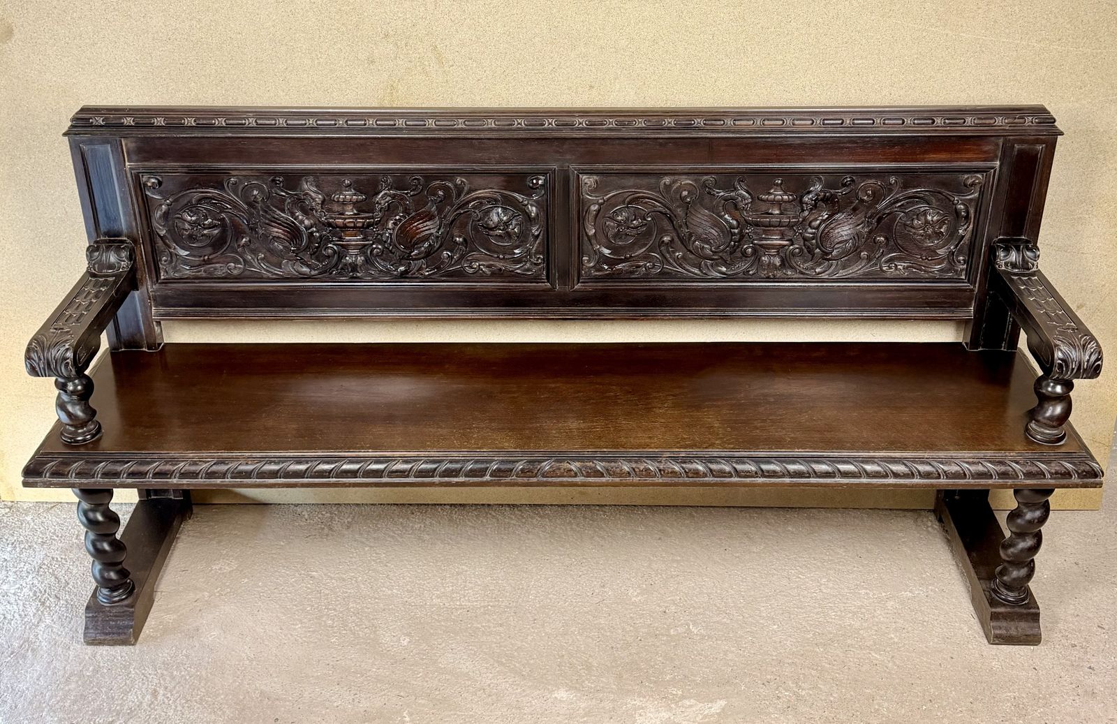 Spanish Carved Wood Bench With Barley Twist Legs, 20th Century photo Furniture