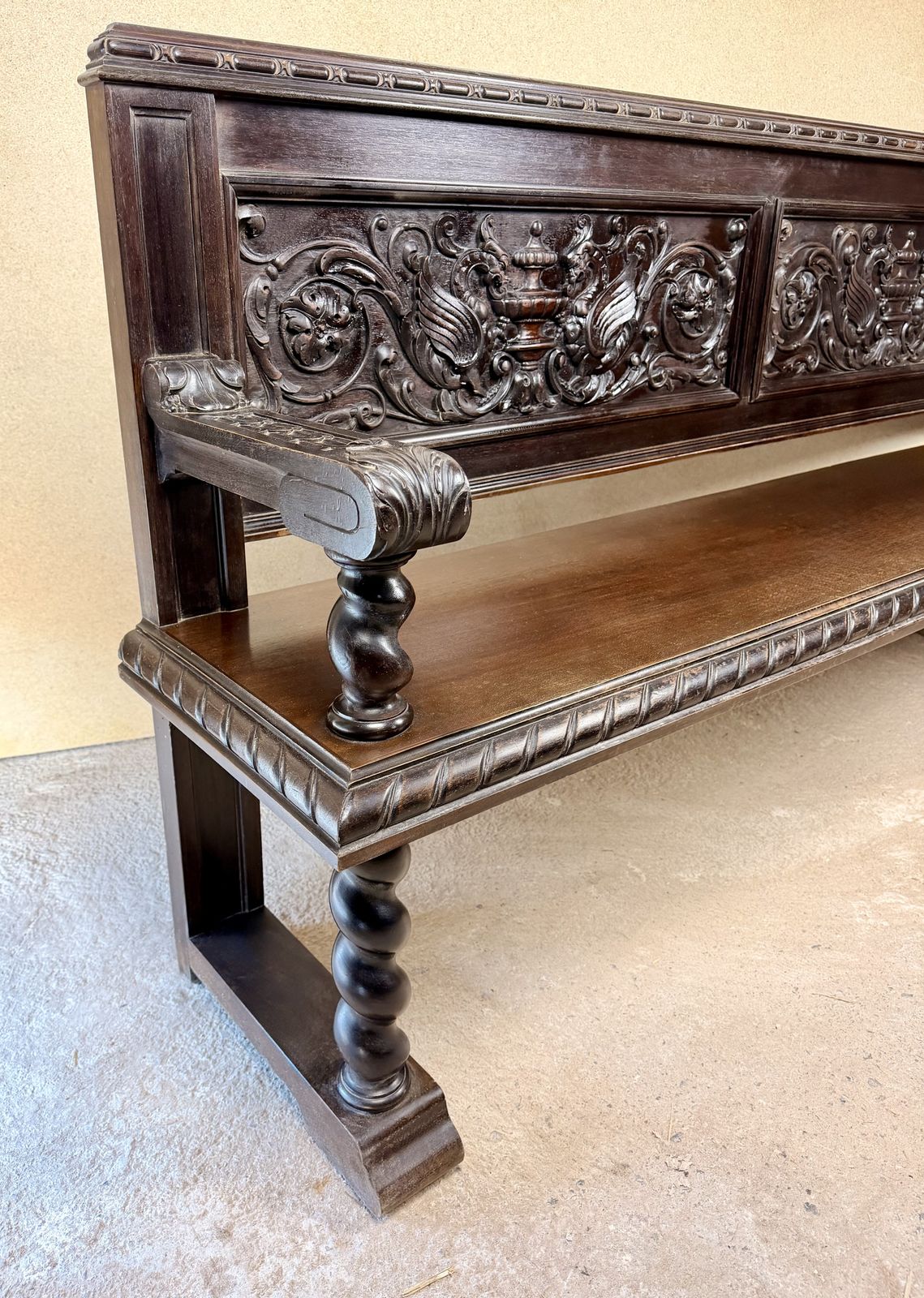 photo for sale Spanish Carved Wood Bench With Barley Twist Legs, 20th Century