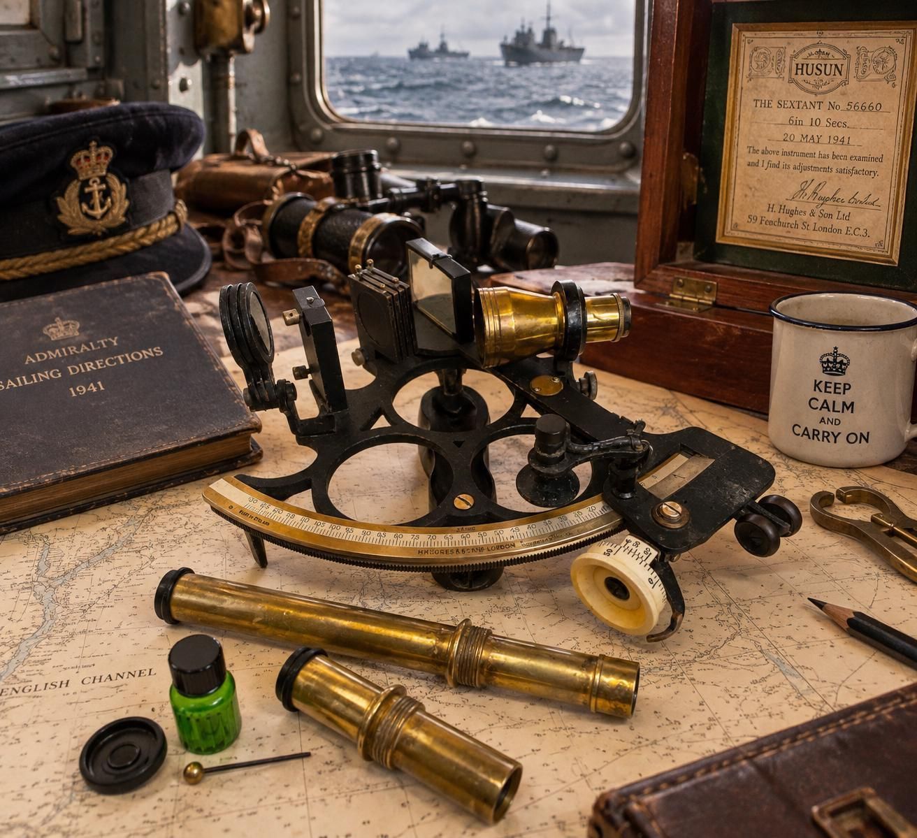 Wwii 1941 Husun Sextant By H Hughes & Son London, Original Case, Certificate, Vintage Nautical Instrument