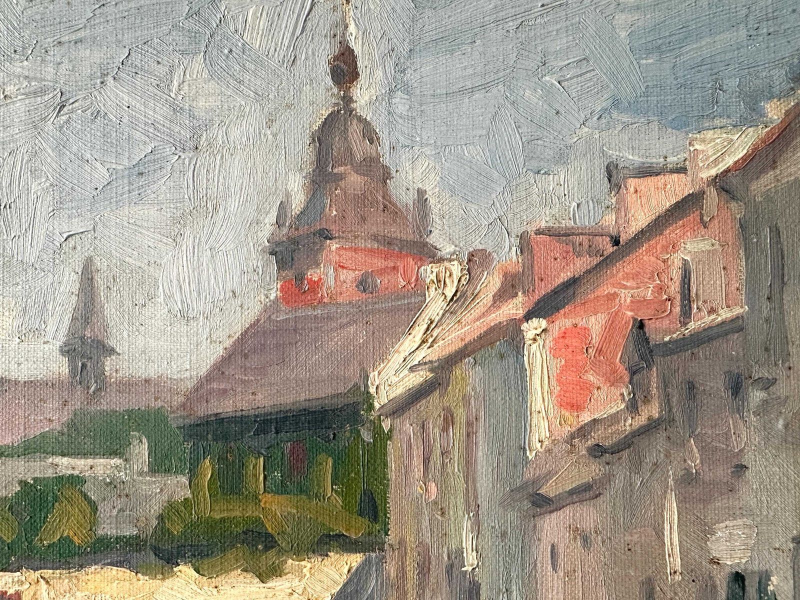 Paysage urbain français, huile sur toile d'époque signée et encadrée représentant un village avec église, 1928 photo 321.0