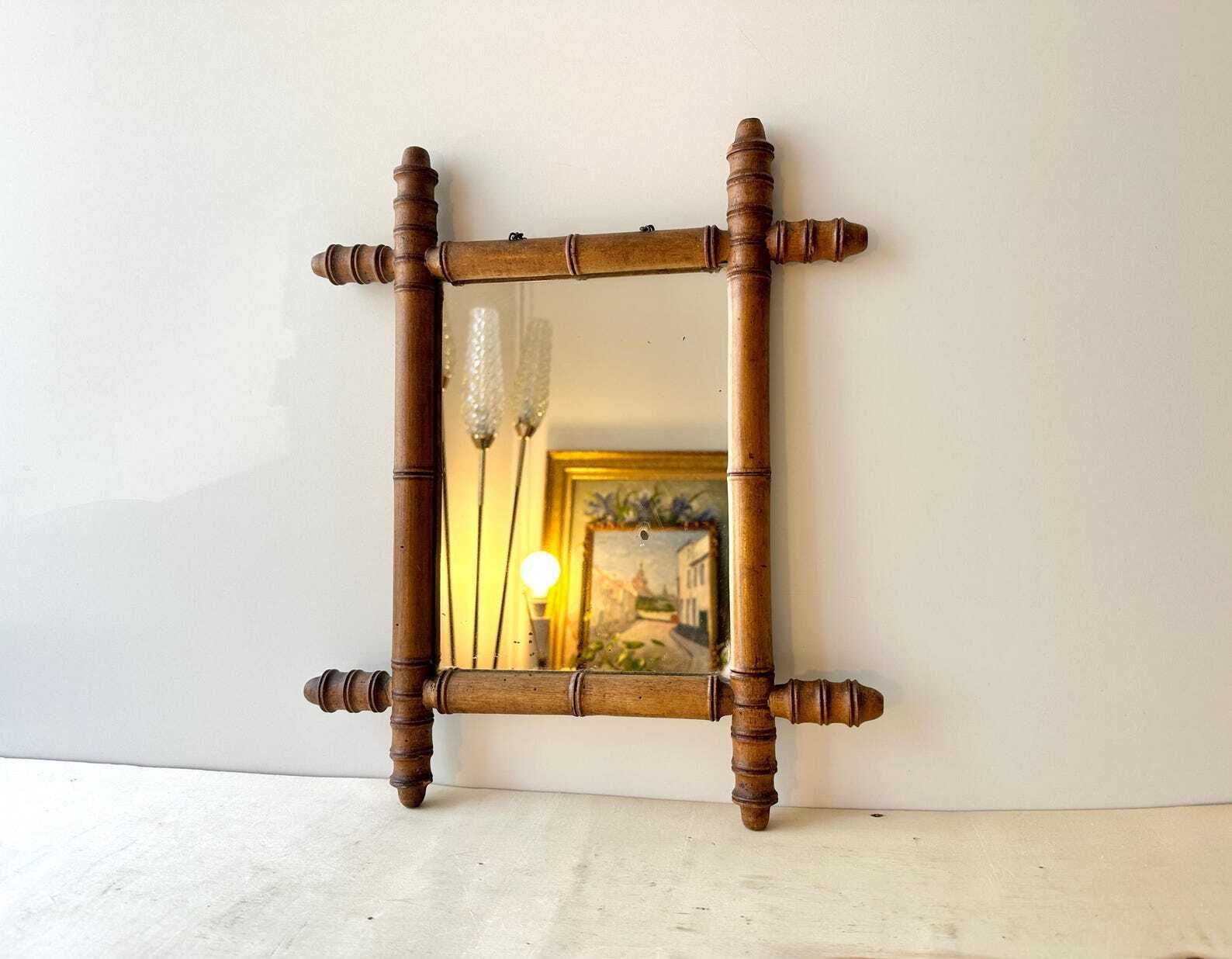 Franse houten bamboe spiegel uit de jaren 1890, antieke houten spiegel 19e eeuw 17x15 inch