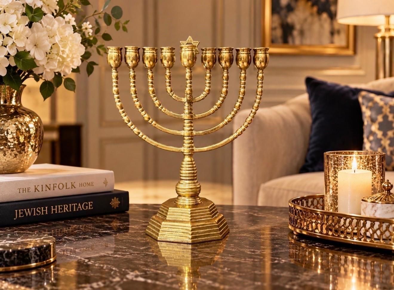 Woonaccessoires Vintage kandelaars, 9-armige menora, Joods Judaica, gouden kaarsenhouders, messing photo