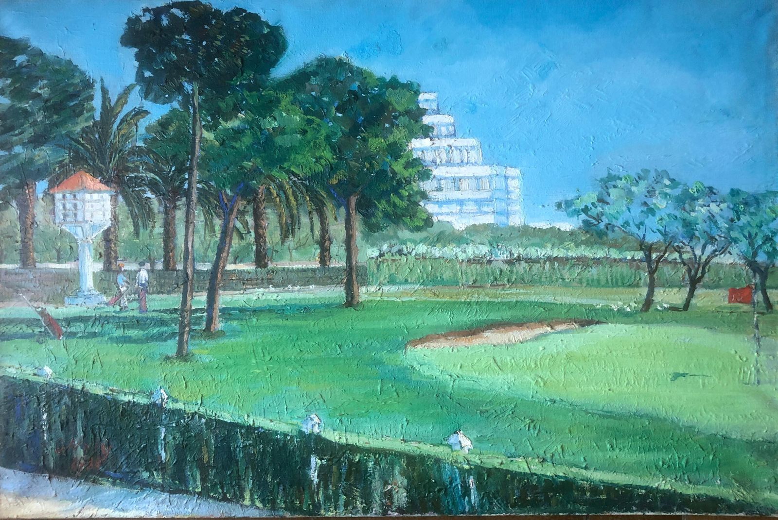 Golf Players At Terramar, Sitges, Mediterranean Landscape Oil Painting Spain 1980