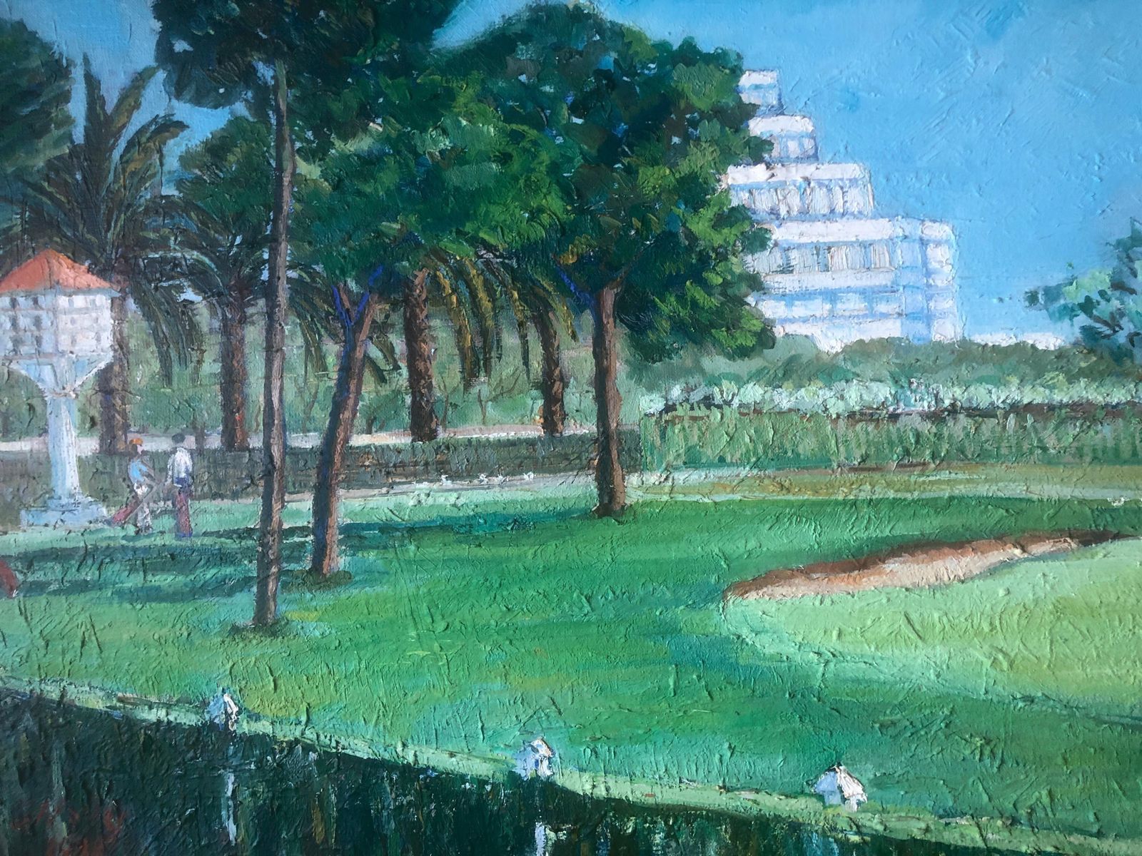 Golf Players At Terramar, Sitges, Mediterranean Landscape Oil Painting Spain 1980 photo buy