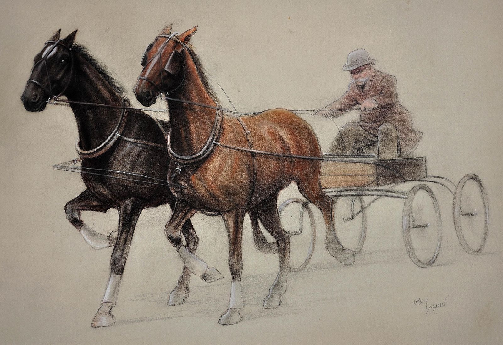 Cecil Charles Windsor Aldin, 1870-1935. Anglais. Chevaux au trot attelés à un léger char à quatre roues. Dessin à la craie, encadré en noyer. photo furniture
