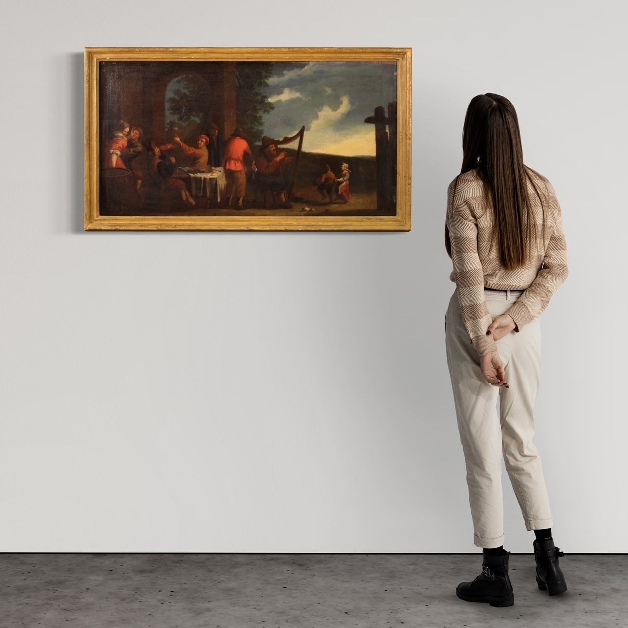 Peinture italienne d'époque du XVIIe siècle, scène de genre Bamboccianti photo for sale