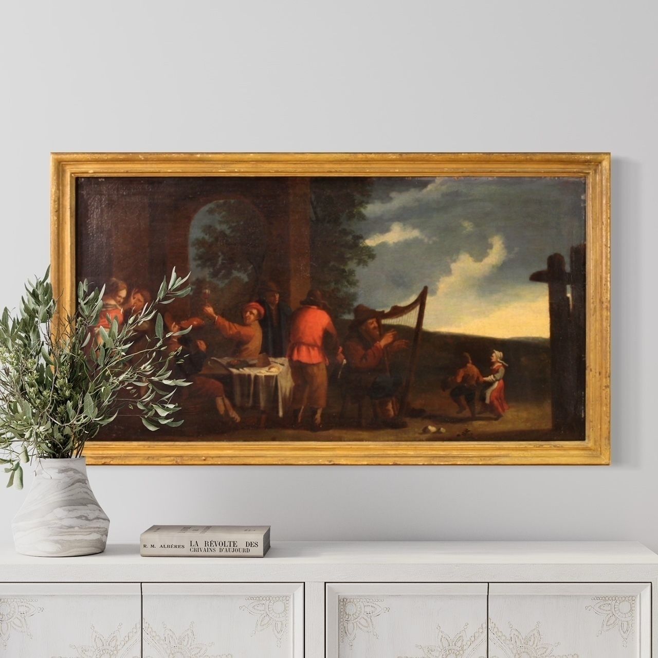 Antique Italian Painting From The 17th Century, Bamboccianti Genre Scene photo vintage