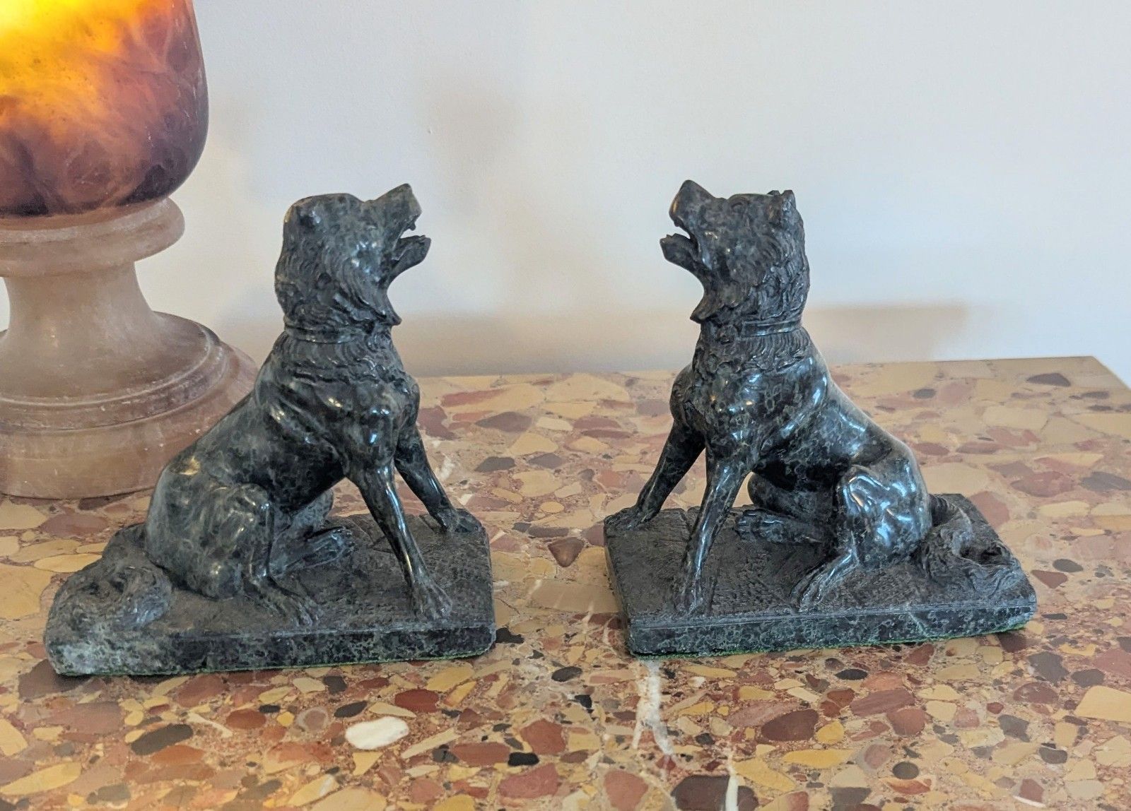 Pair Antique Marble Serpentine Molossian Hound Bookends Delivery Available 0375.