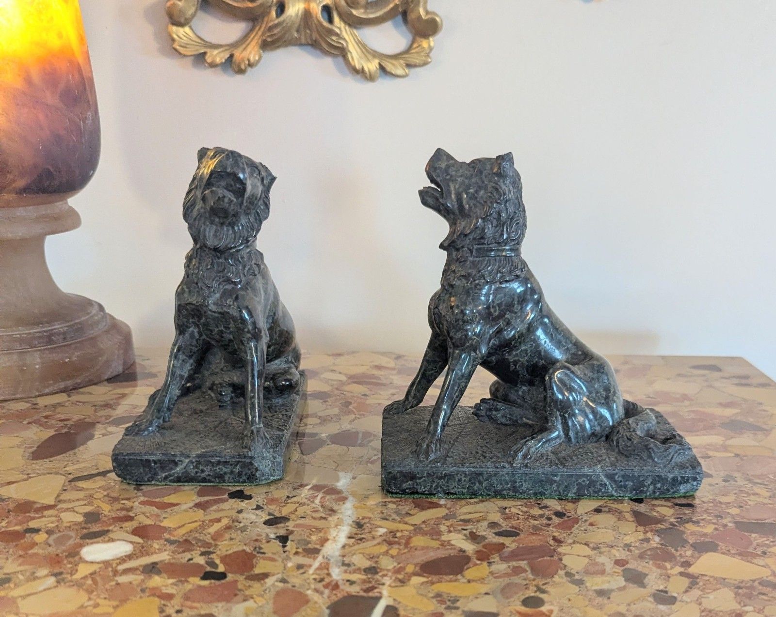 Pair Antique Marble Serpentine Molossian Hound Bookends Delivery Available 0375. photo for sale