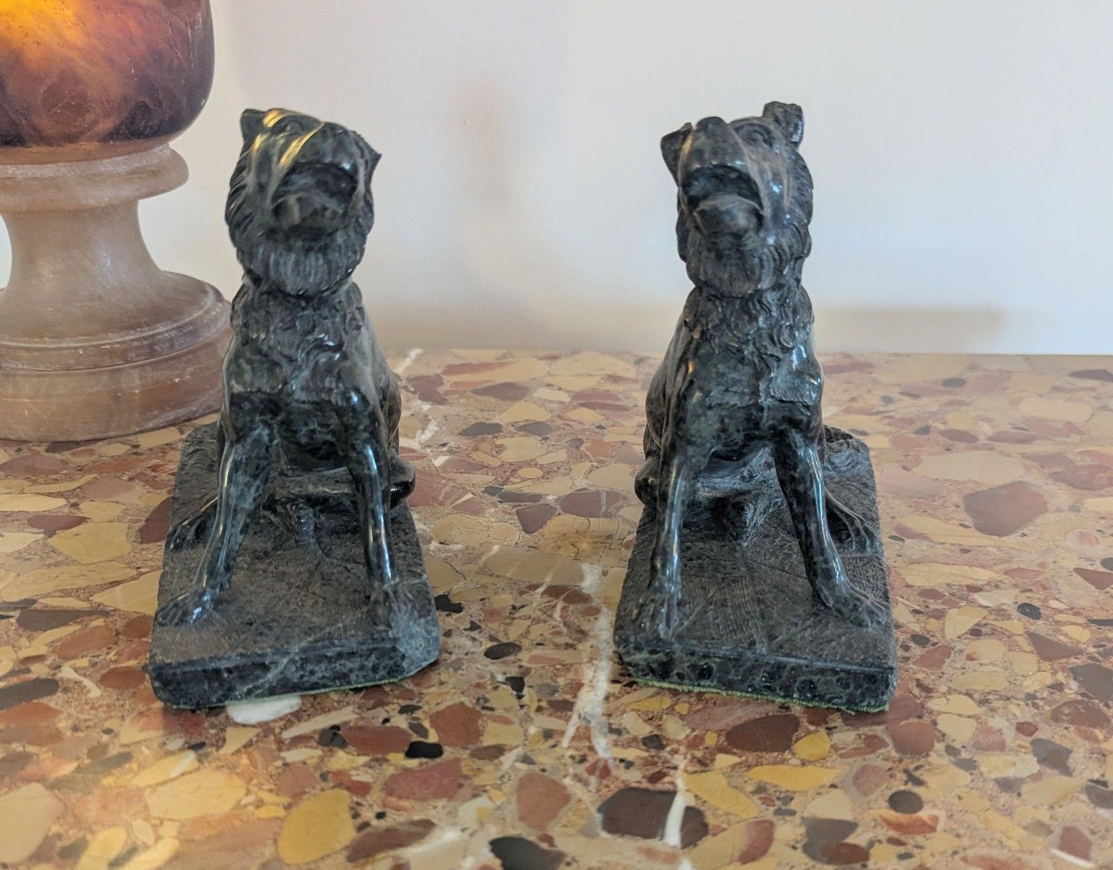 Pair Antique Marble Serpentine Molossian Hound Bookends Delivery Available 0375. photo 475.0