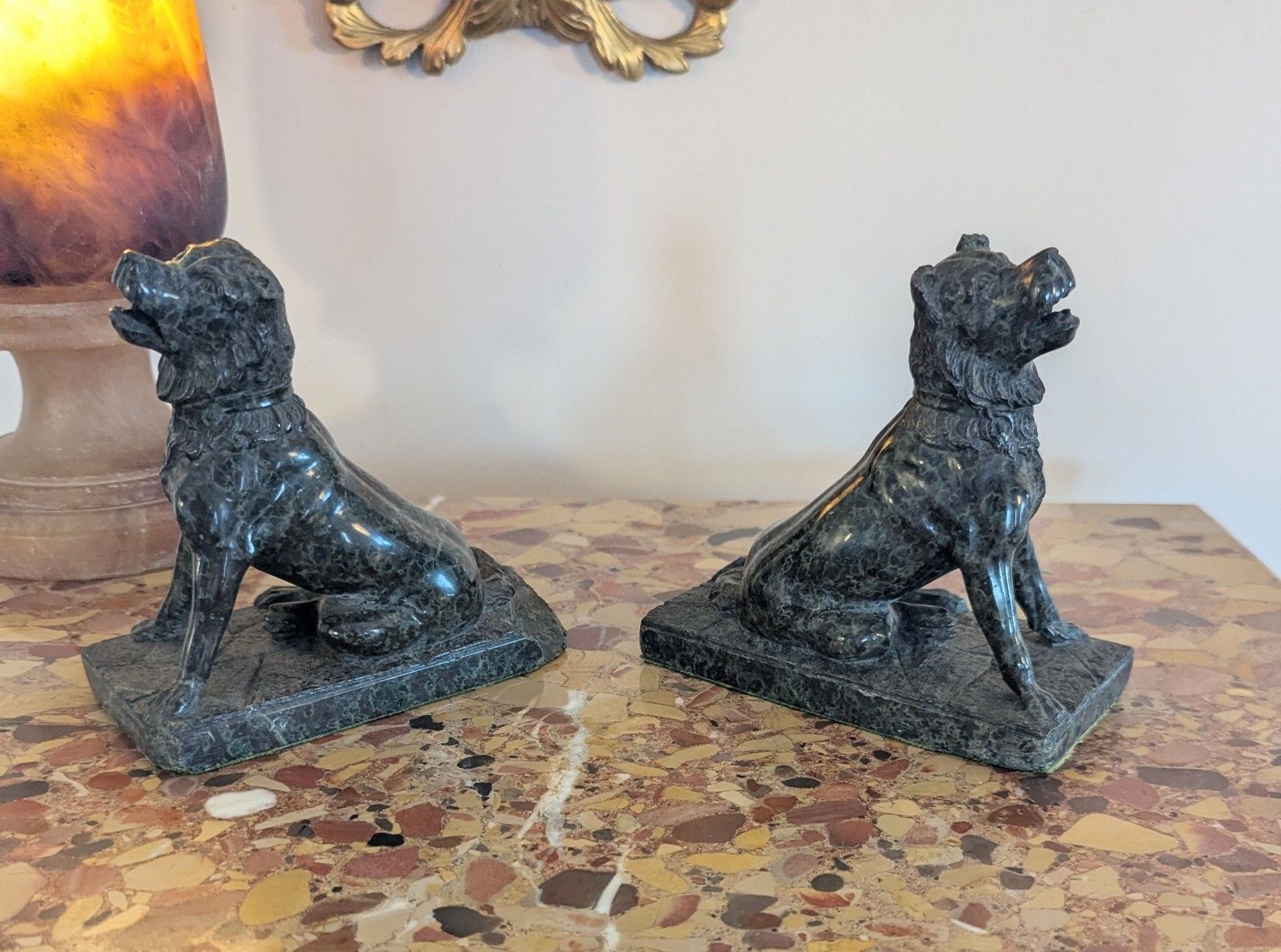 Pair Antique Marble Serpentine Molossian Hound Bookends Delivery Available 0375. photo buy