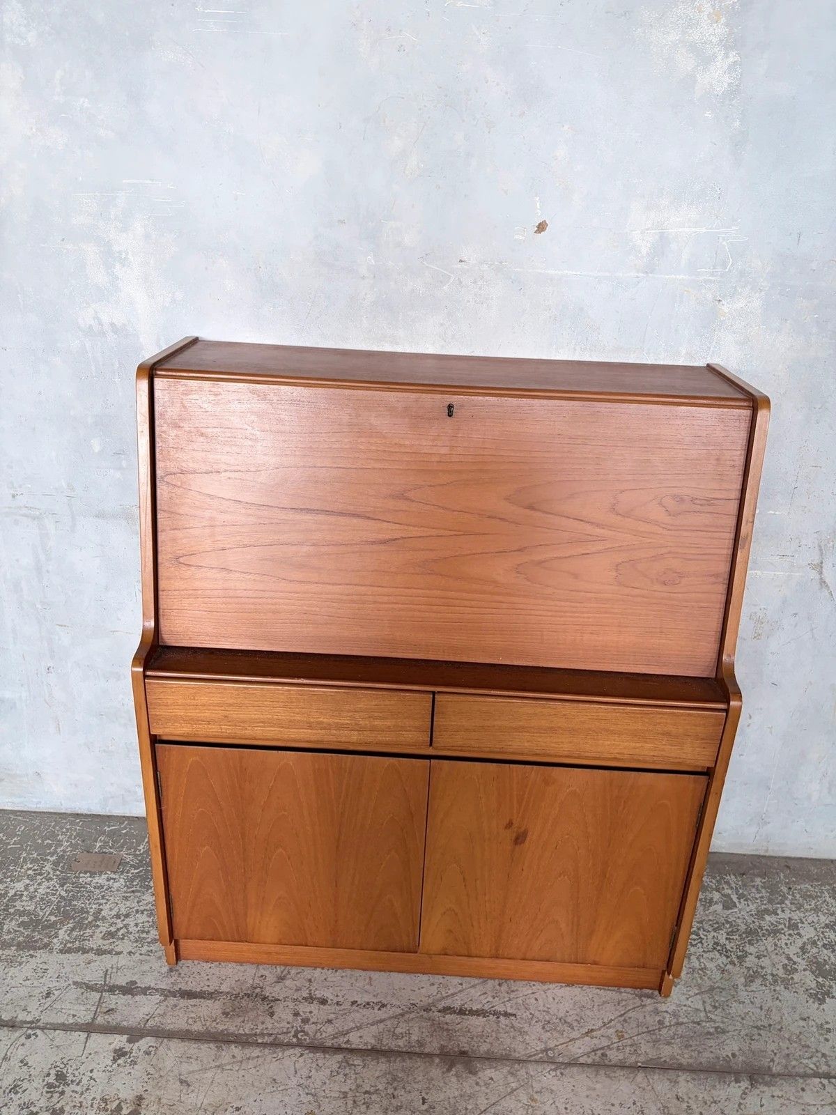 Mid Century Remploy Teak Bureau Desk Compact Drop Front Writing Bureau Cabinet photo for sale