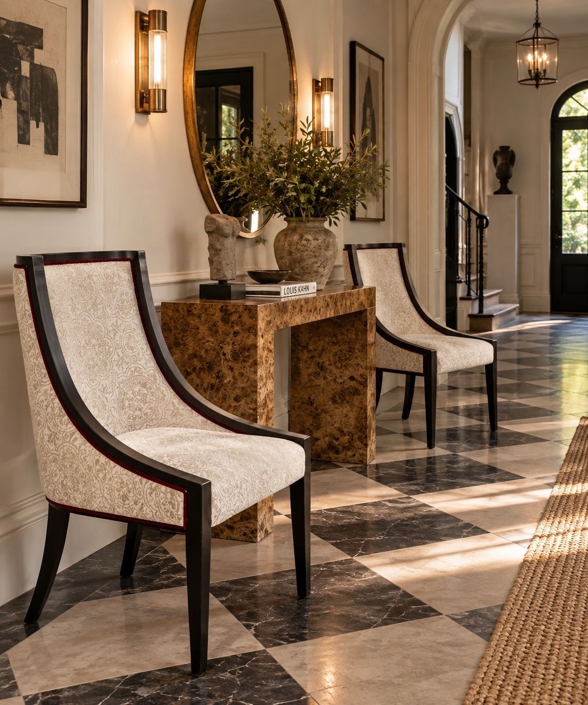 Furniture Empire Revival Gondola Dining Chair Finished With An Ebonised Frame, Grey Damask Upholstery & Red Velour Piping Seven Chairs In Stock photo