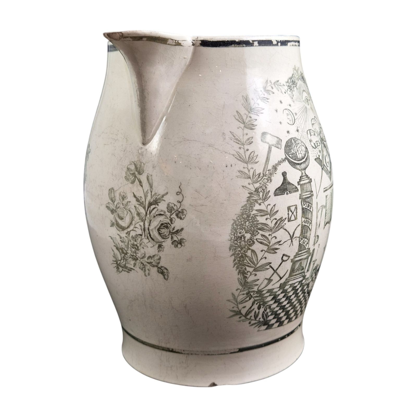 Staffordshire Masonic Jug In Light Olive Green Transfer Print, C.1800-1810 photo for sale