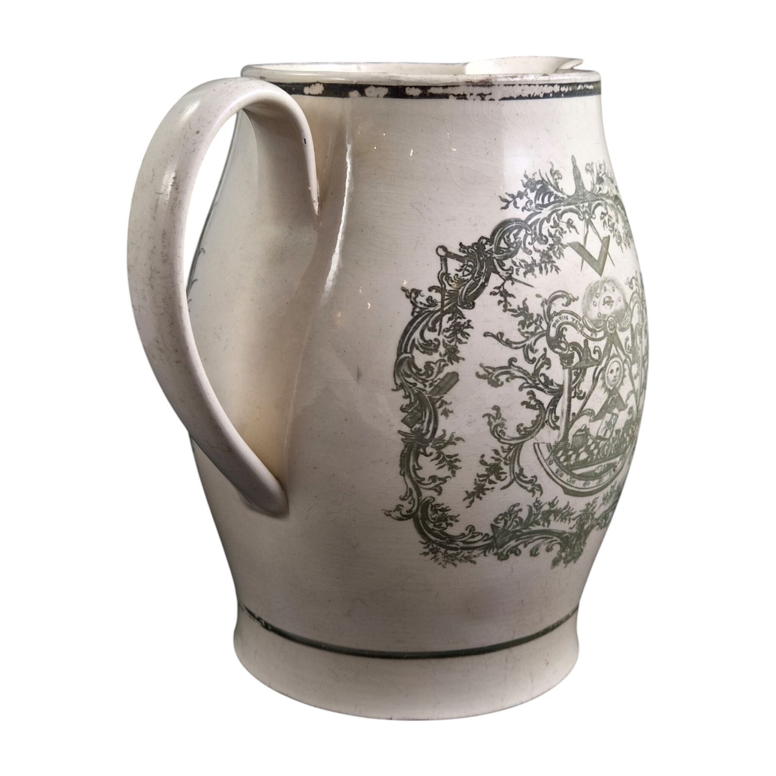 Staffordshire Masonic Jug In Light Olive Green Transfer Print, C.1800-1810 photo vinterior