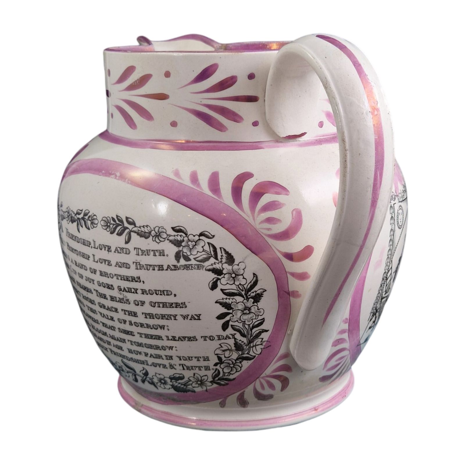 Sunderland roze lustre pearlware vrijmetselaarskan, ca. 1850 photo vinterior