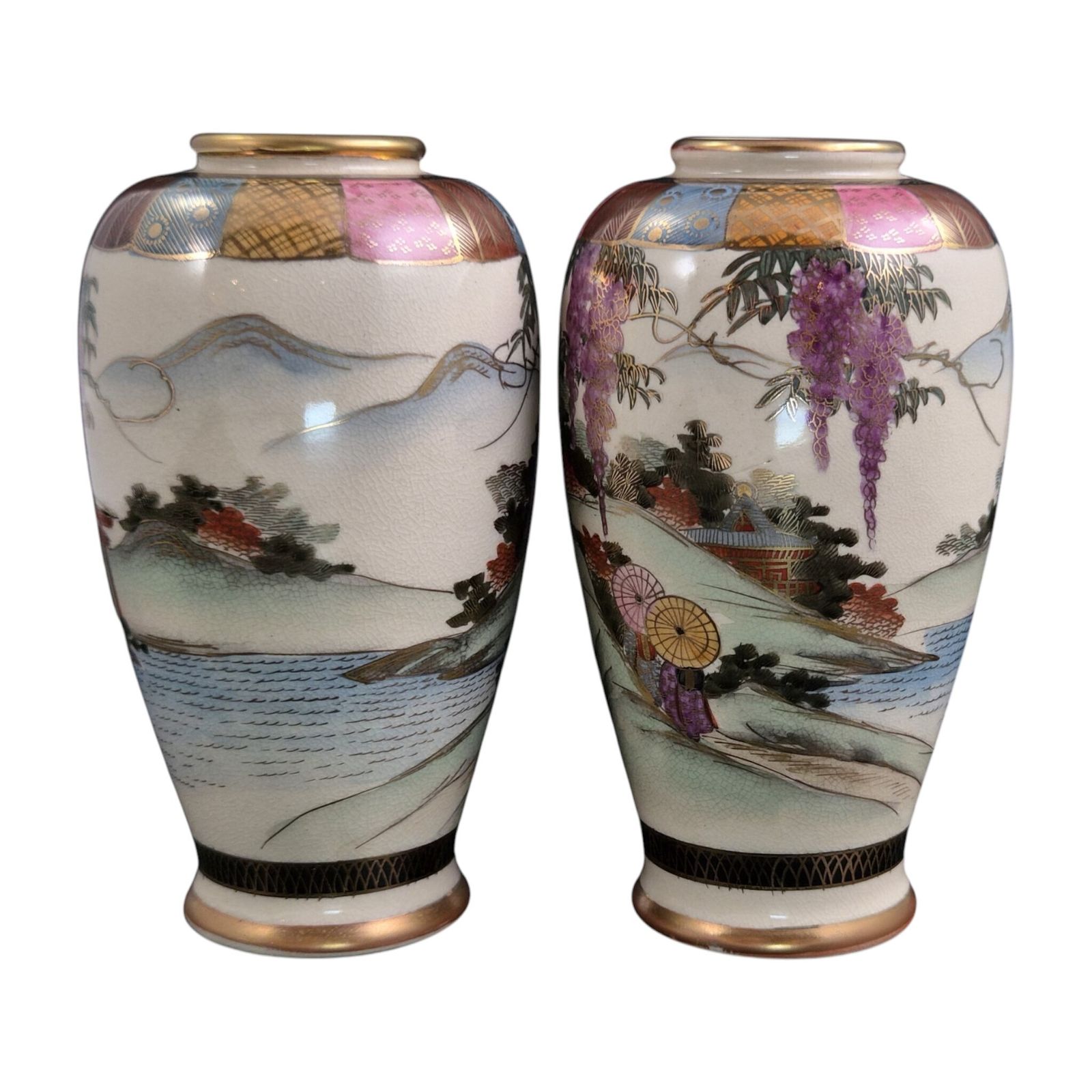 Japanse Satsuma-vazen met wisterialandschap, paar in doos, ca. 1910-1920 photo buy