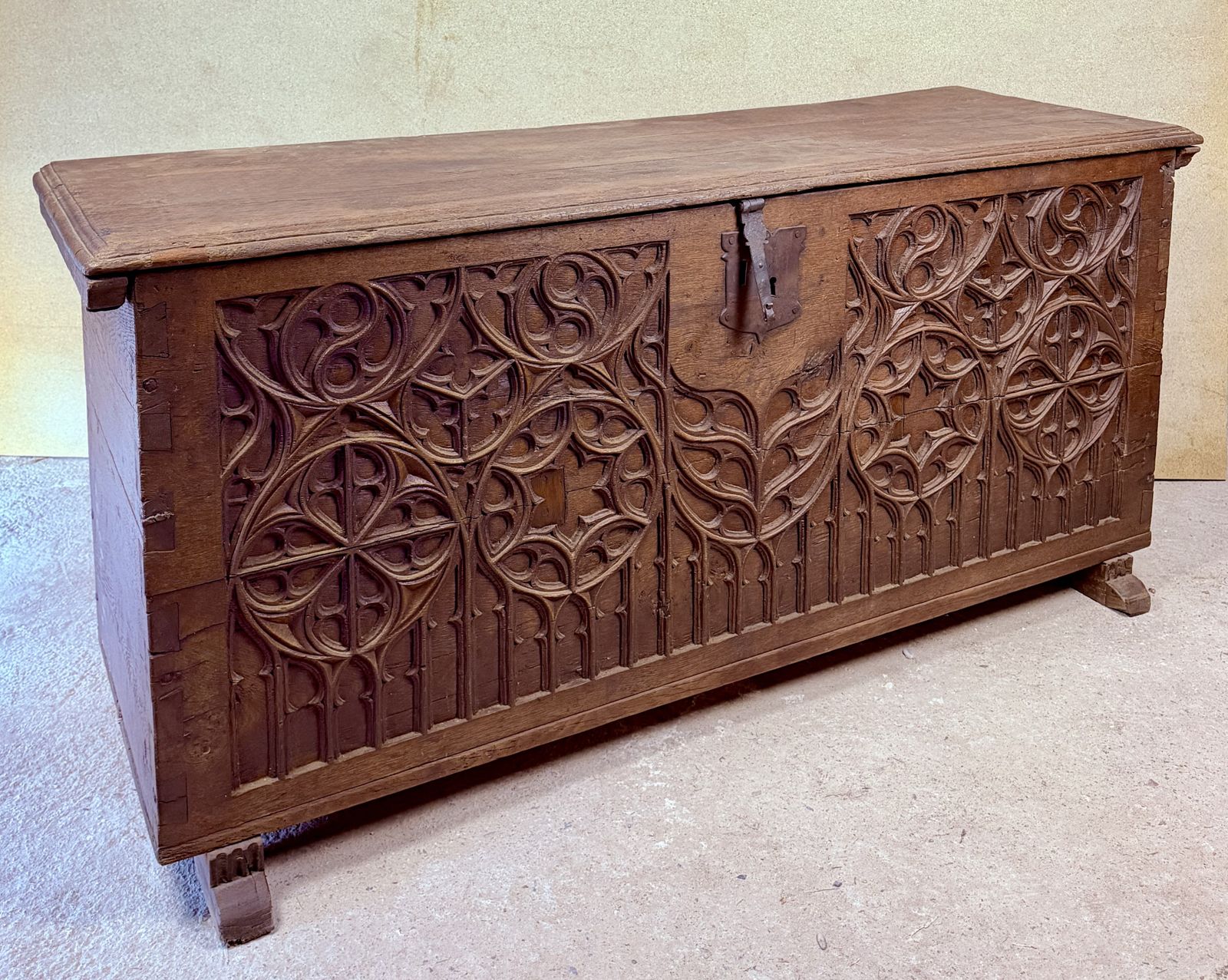 Late 18th Century Spanish Carved Wood Chest With Gothic Decoration photo buy