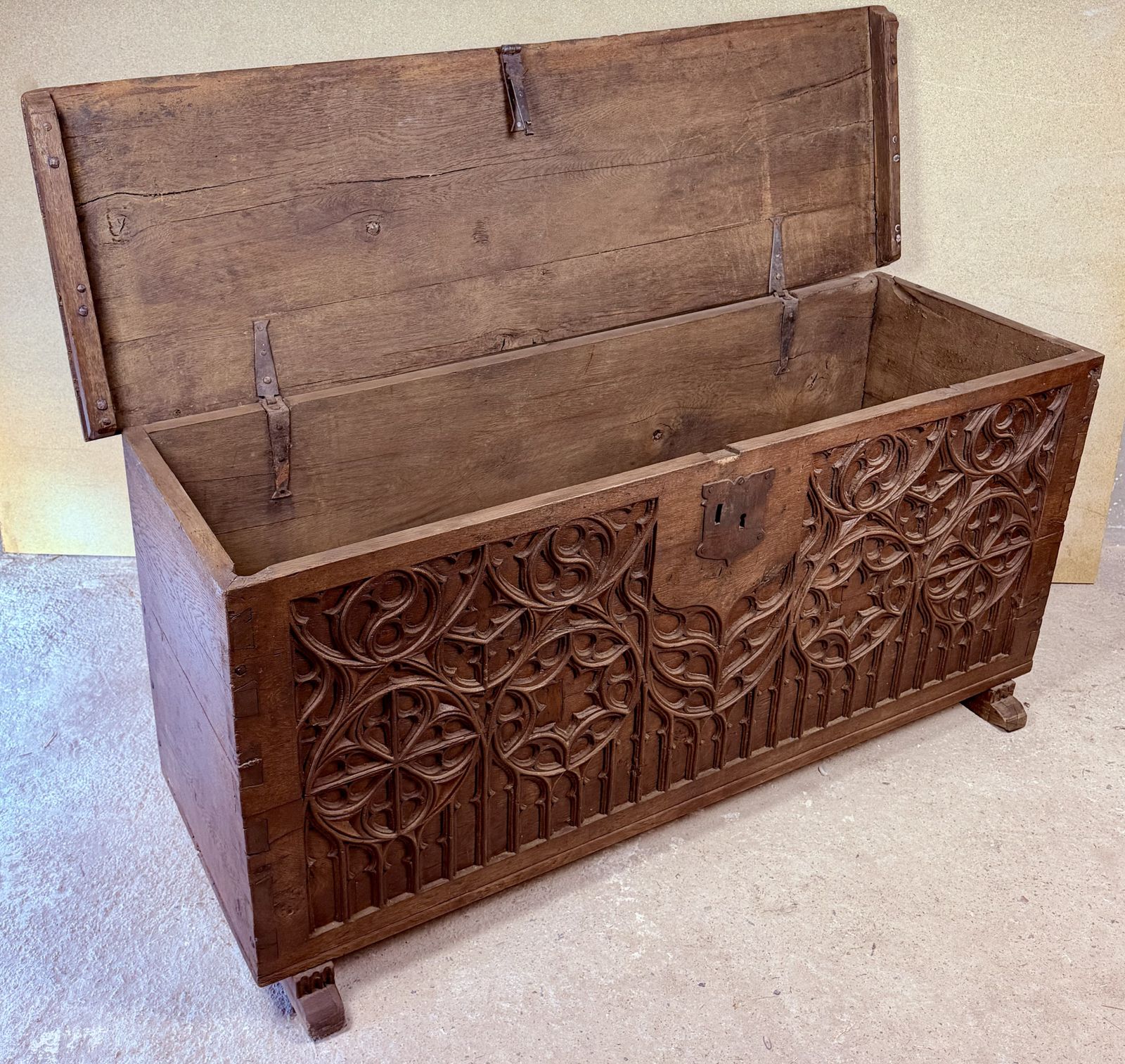 photo for sale Late 18th Century Spanish Carved Wood Chest With Gothic Decoration